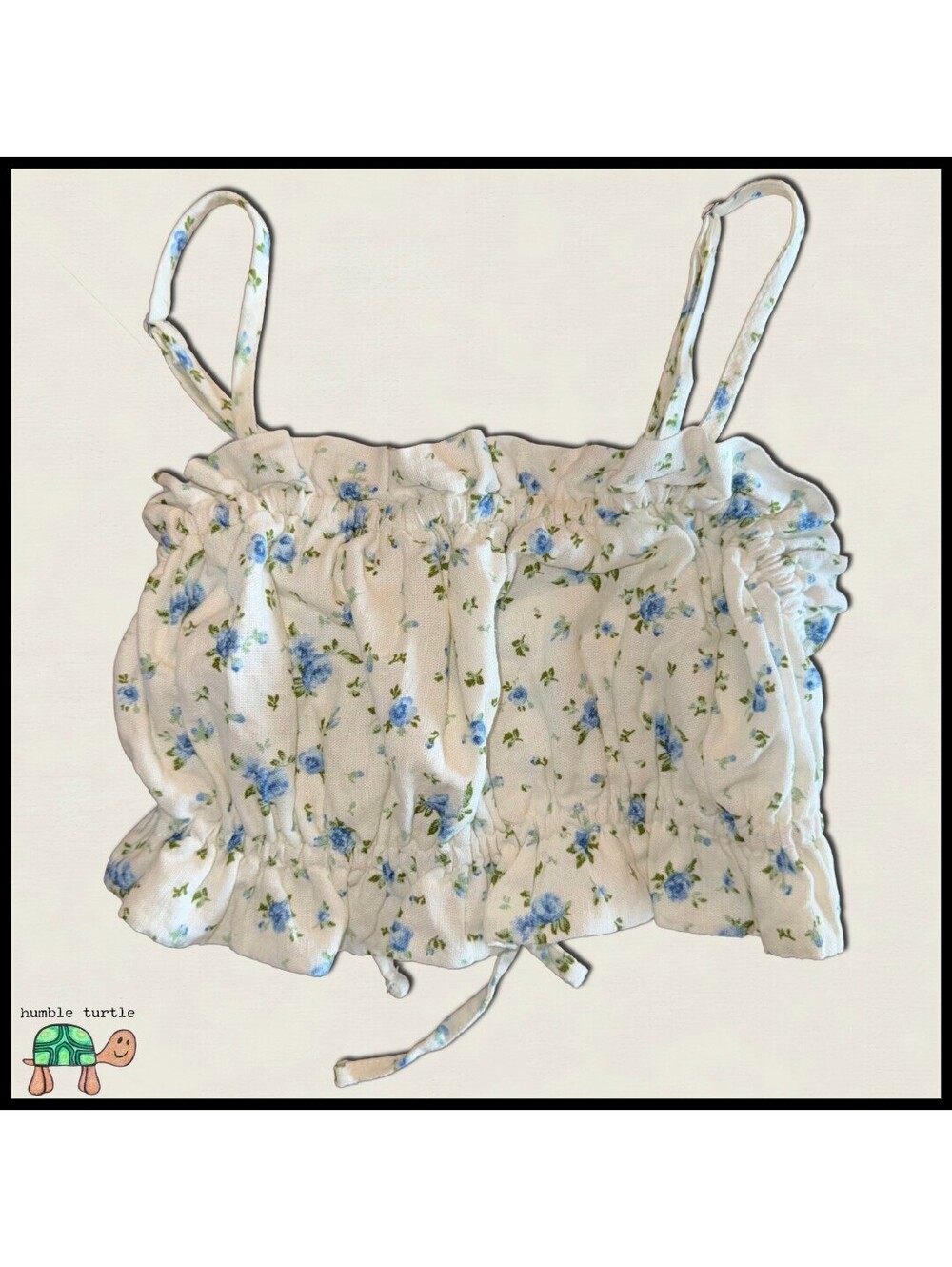 Wild Fable Blue Floral Linen-Blend Ruched Cami Tube Top Adjustable Straps XS EUC